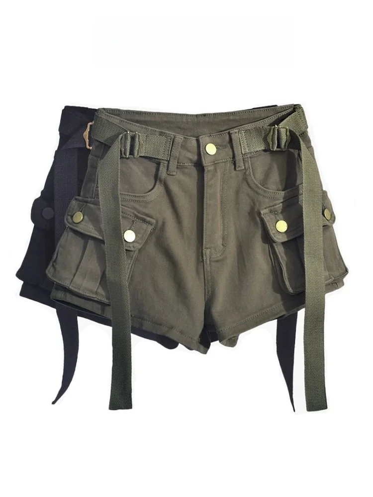 

High Waist A-Line Denim Shorts Women's Spring Summer Casual Wide Leg Pants Big Pocket Belted Workwear Khaki Hot Pants