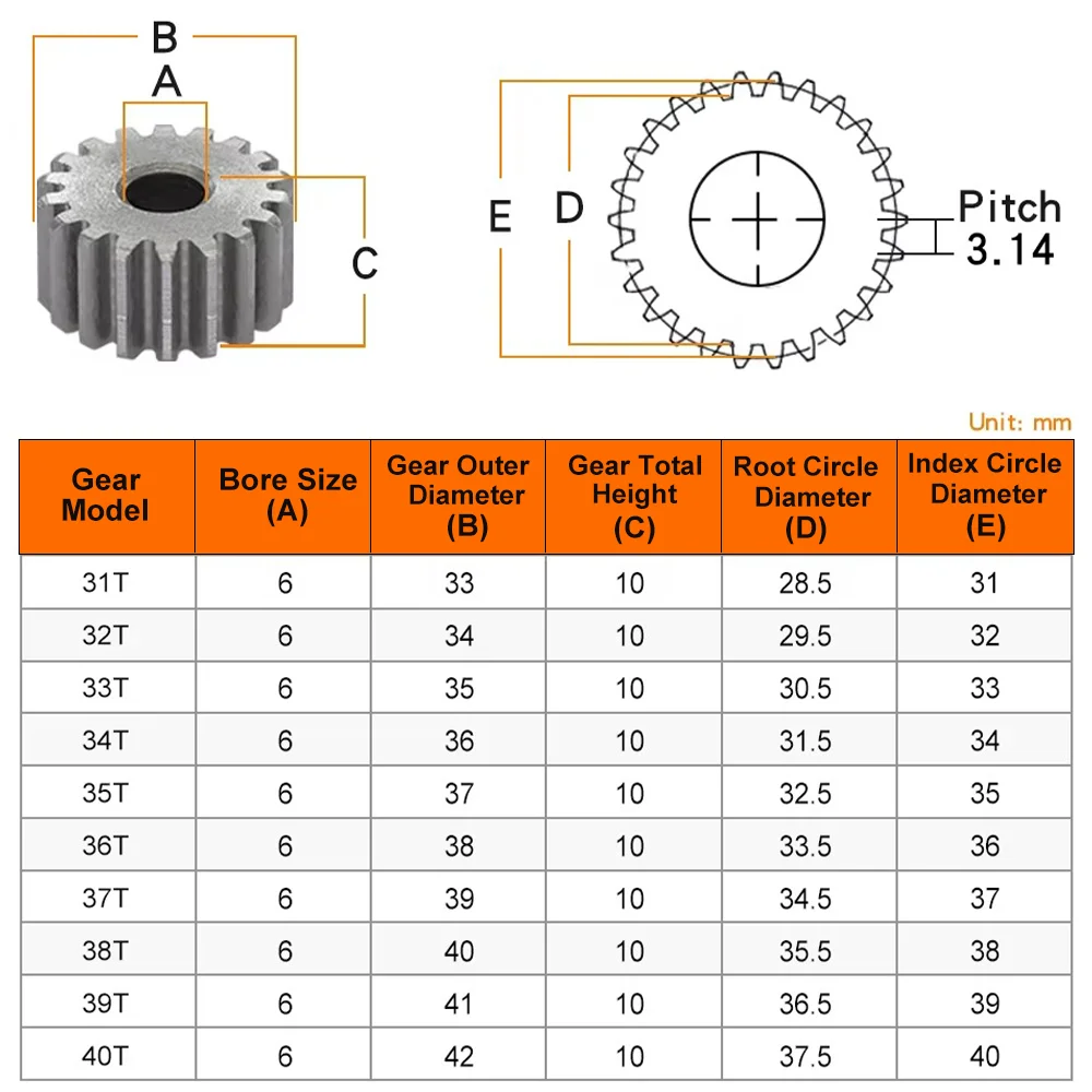 Spur Gear 1M-31T/32T/33T/34T/35T/36T/37T/38T/39T/40Teeth SC45# Carbon Steel Material Cylindrical Gear Transmission Accessories