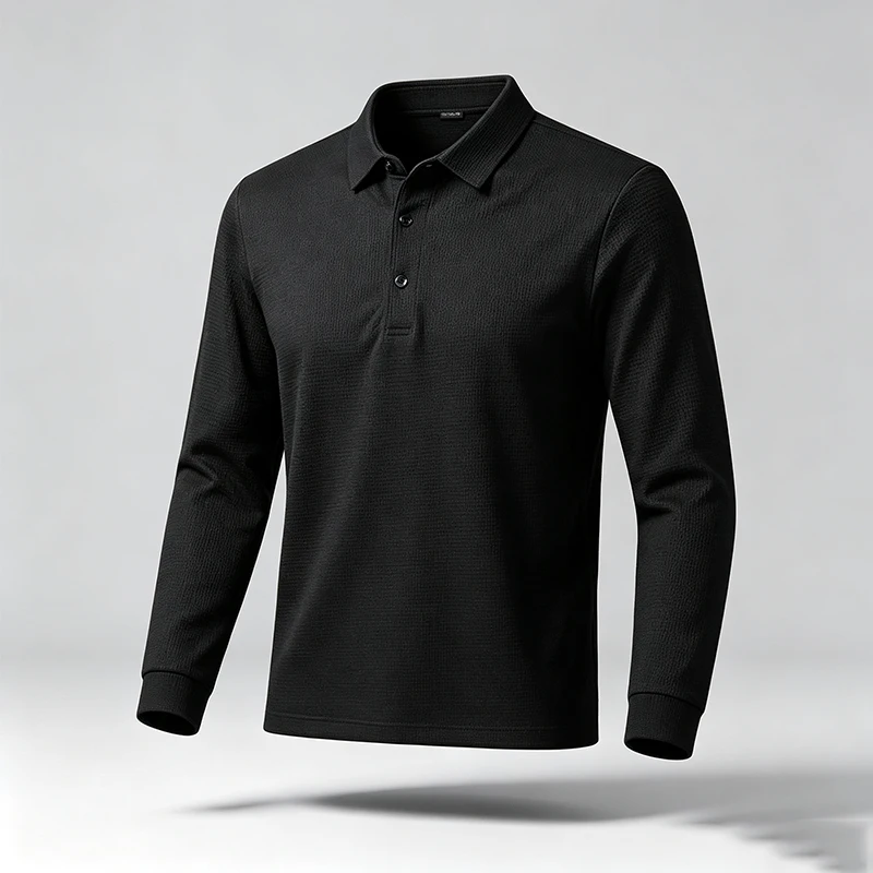Herren Strukturiertes Waffel-Langarm-Poloshirt, Reguläre Passform, Weich, Knitterresistent, Business-Casual Alltags-Pullover-Oberteil – Detail 9