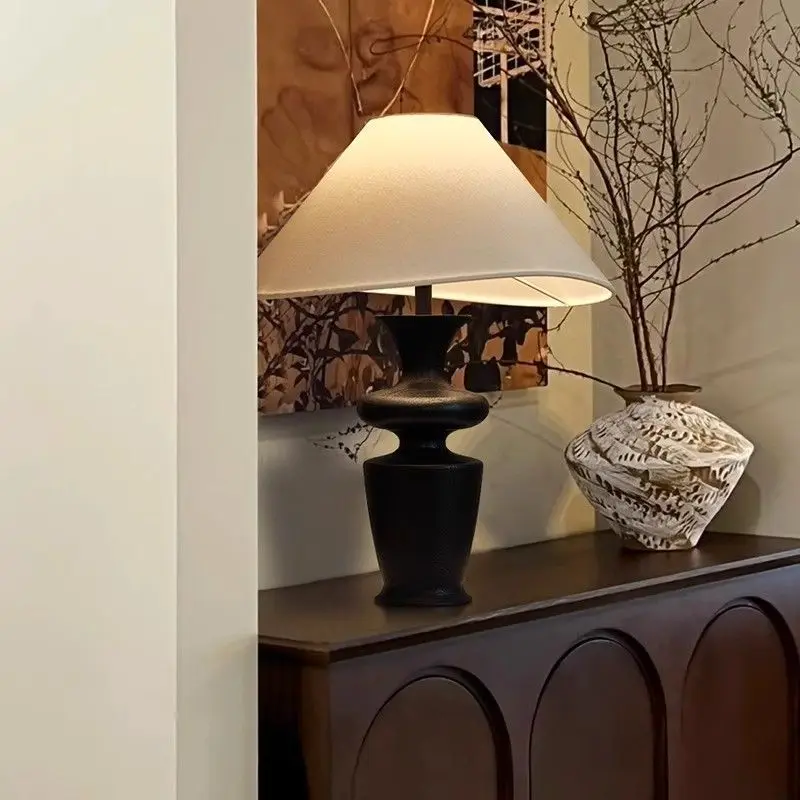 

American Black Wooden Roman Column LED Table Lamps Taper White Fabric Lampshade Living Room Bedroom Restaurant Office Desk Light