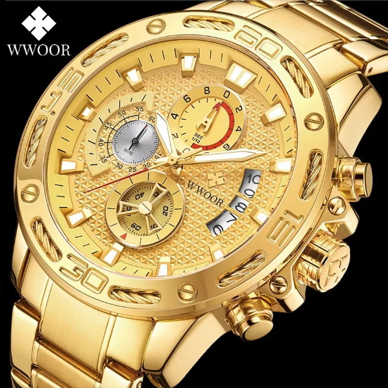 Wwoor Gold Luxury Watch Men Quartz Steel Waterproof Sport Watches Wristwatch Military Chronograph Date Clock Relogio Masculino