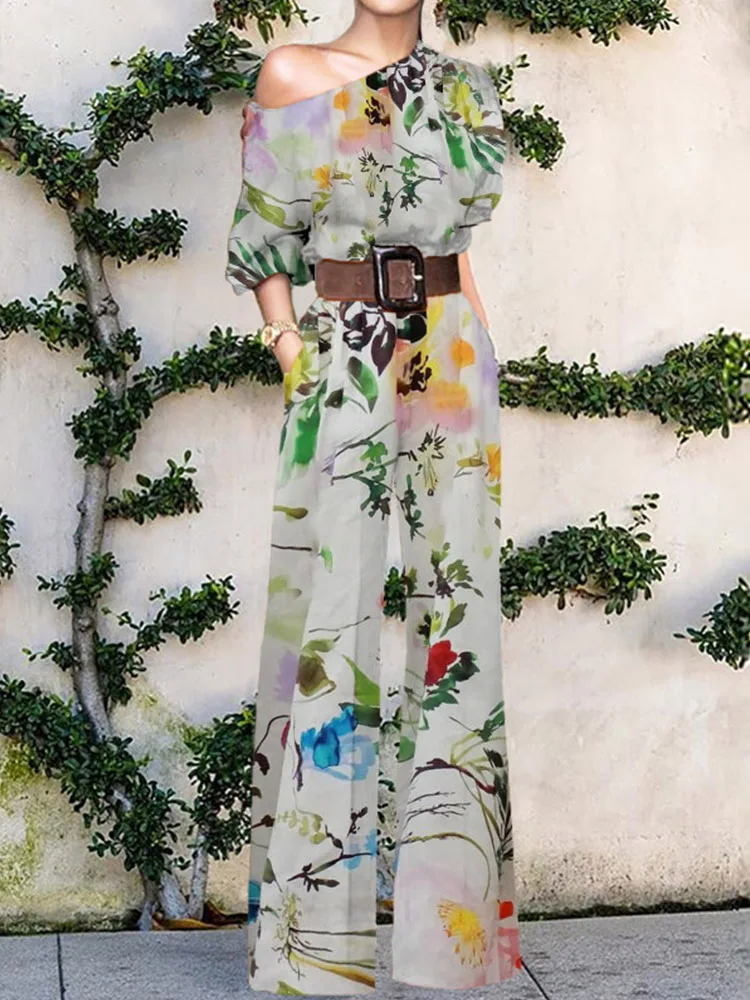 2022 Summer Elegant Pattern Print Party Jumpsuit Lady Sexy Off Shoulder Romper Women New Fashion Wide Leg Pant Playsuit Overalls