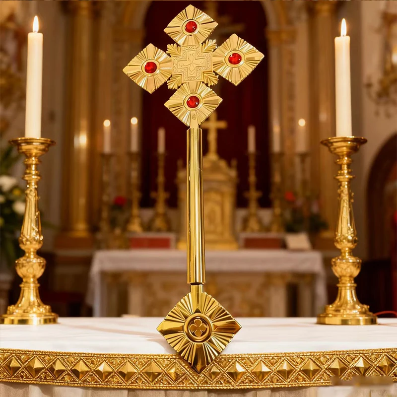 

Eastern Orthodox metal cross scepter religious ceremony sacrament celebration inlaid with bright ruby classic religious belief