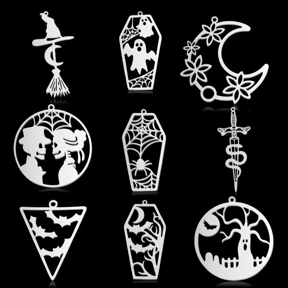 5pcs/lot Stainless Steel Geometric Minimalist Halloween DIY Earring Pendant Charms Wholesale Ghost Witch Besom Bat Jewelry Skull