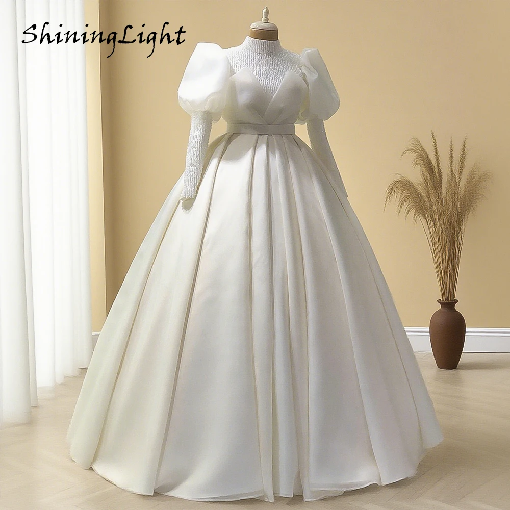 

ShiningLight High Neck Muslim Wedding Dresses Puff Sleeves Exquisite Beaded Arabic Princess Ball Gown Bridal Dress Customized
