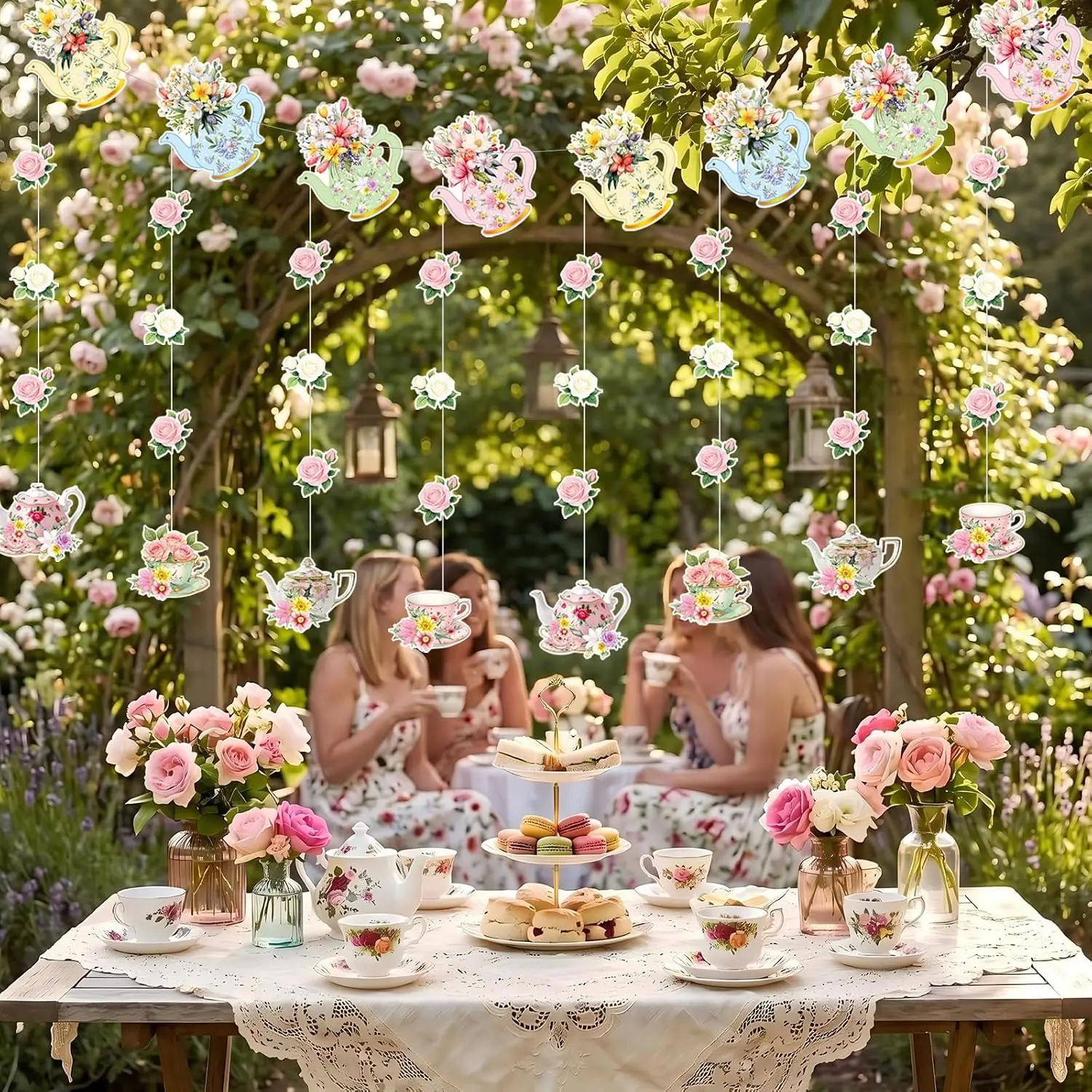 8PCS Vintage Garden Tea Party Decorations Floral Teapot Teacup Rose Hanging Cutouts Garland Bridal Shower Birthday Supplies