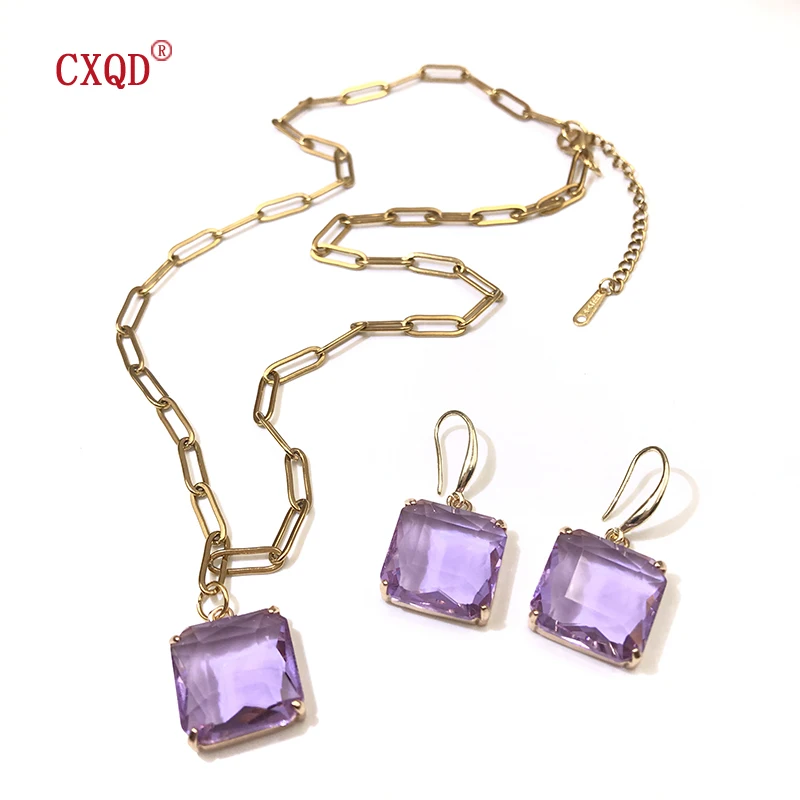 Colorful Clear Square Glass Pendant Necklace For Women Stainless Steel Chain Fashion Earrings Jewelry Original Accessories Set