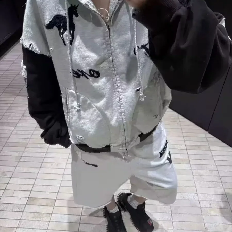 

Retro Waed Zipper Hoodie Patchwork Destroyed Vintage Korean Sle Men's Long Sve Sweatirt Casual Sportswear