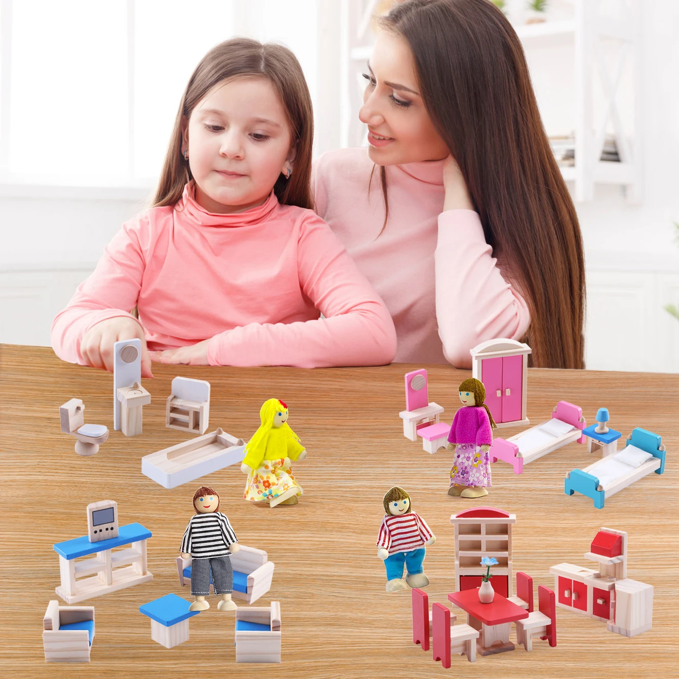 مجموعة أثاث بيت الدمى الخشبي، ملحقات بيت الدمى المصغرة بما في ذلك 5 مجموعات الغرف، ألعاب الأثاث التظاهري لعيد الميلاد Bir