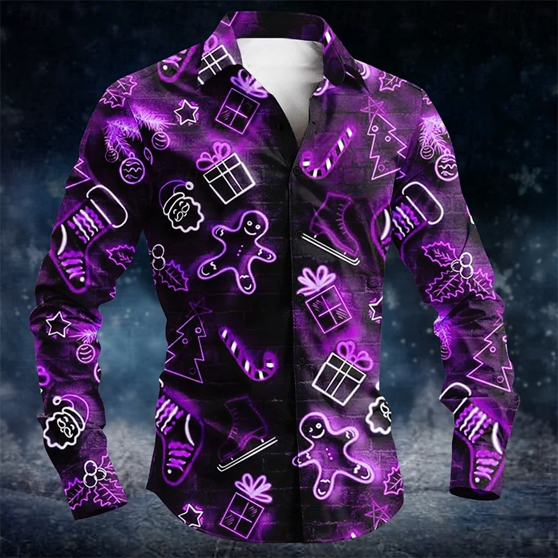 

Christmas Santa Gingerbread Socks Casual Mens Button Long Sleeve Party Evening Autumn Lapel Shirt 3D Printing Unisex Clothing