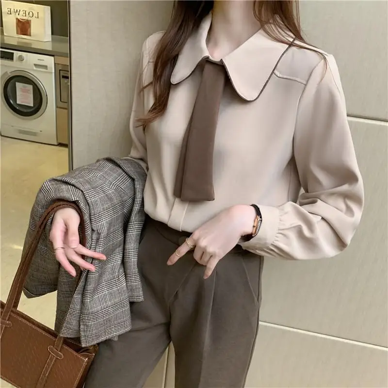 Professional Tie Shirt Women\'s Long Sleeve 2023 New Korean Edition Autumn/Winter Ear Collar Shirt Fashion Reduced Collar Tops