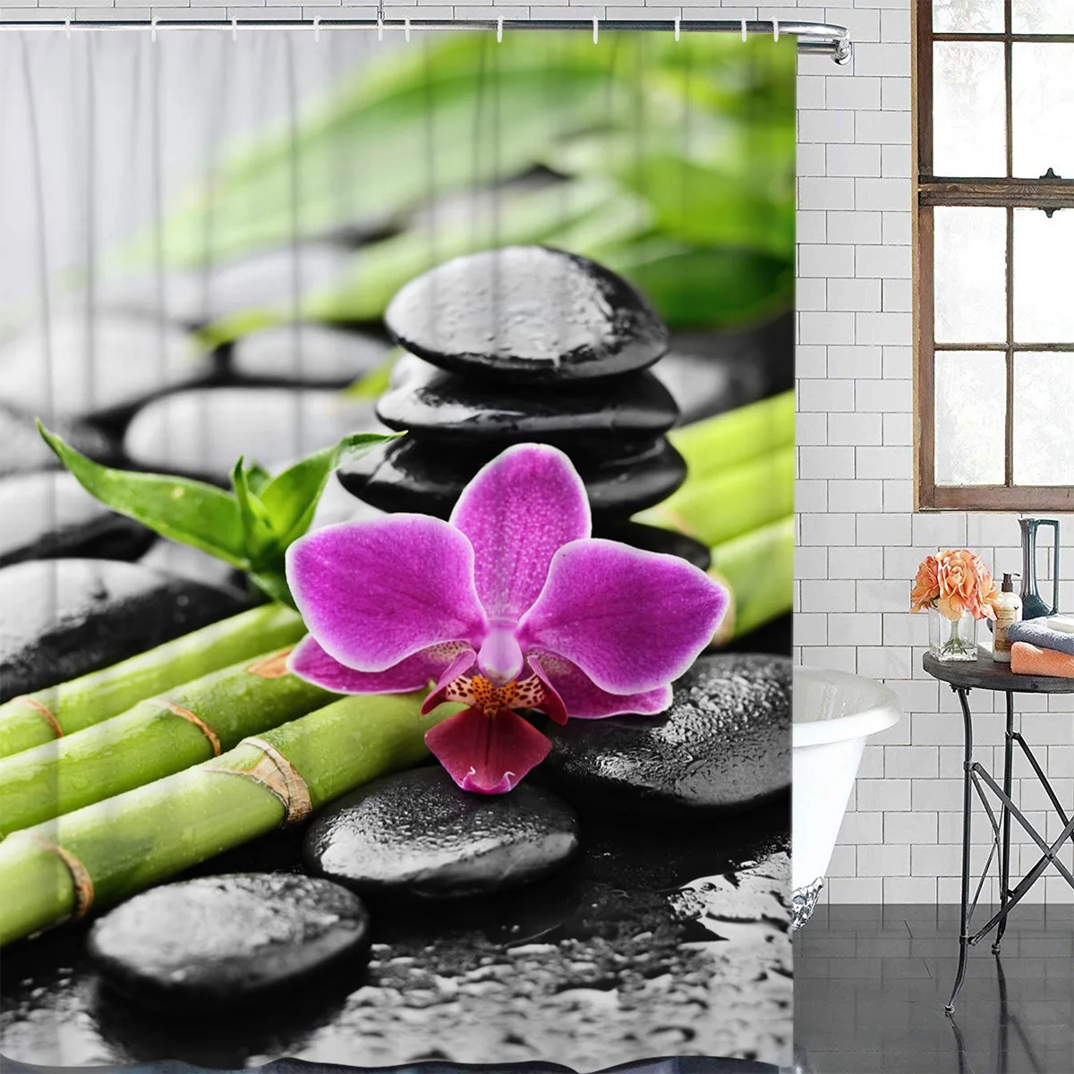 Orchid Dewdrop Zen Stone Arrow Bamboo Waterproof Bathroom Decoration Shower Curtain With Hook Bath Curtains Bathroom Accessories