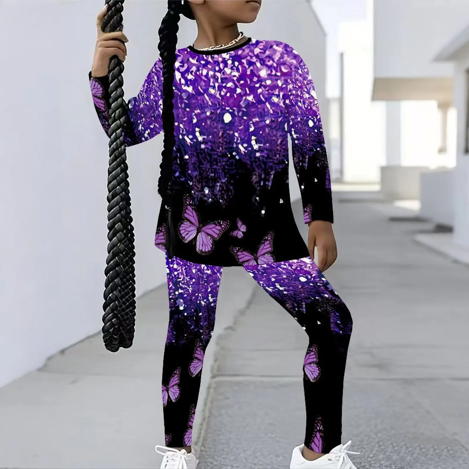Girls Print Long Sleeve Round Neck Top Cute Two-Piece Daily Wear Casual T-shirt Autumn Leggings Winter Jogging Pants
