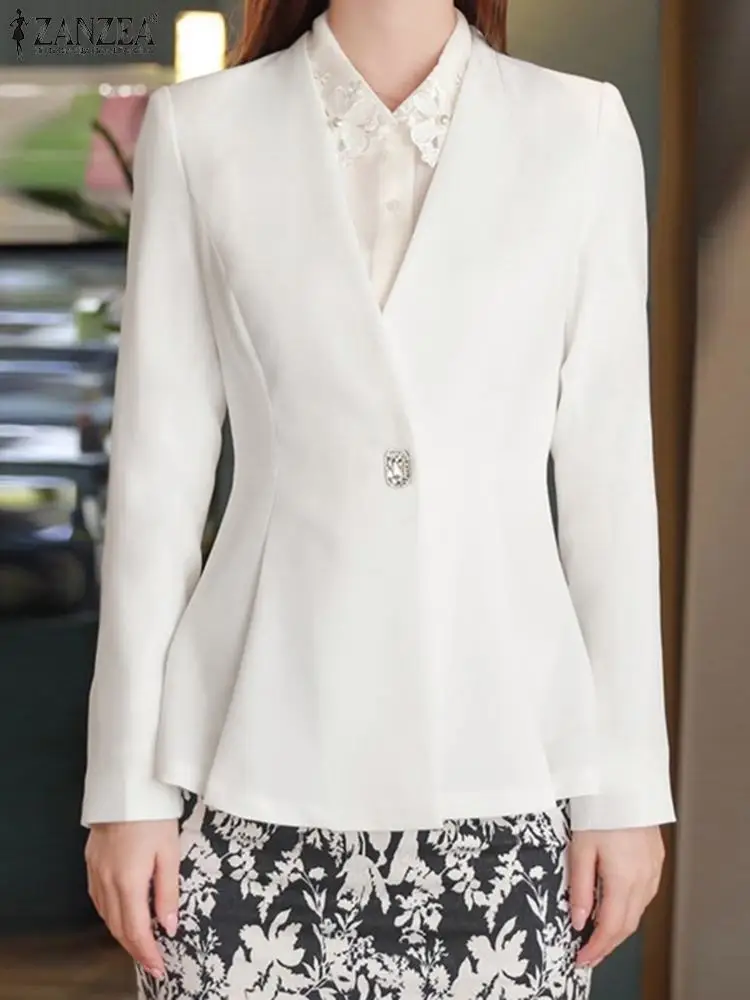 

ZANZEA Vintage Long Sleeve Women Blazer Office Lady Suits 2023 Autumn V-neck Casual Solid Color Elegant Coats Pleated Outerwear