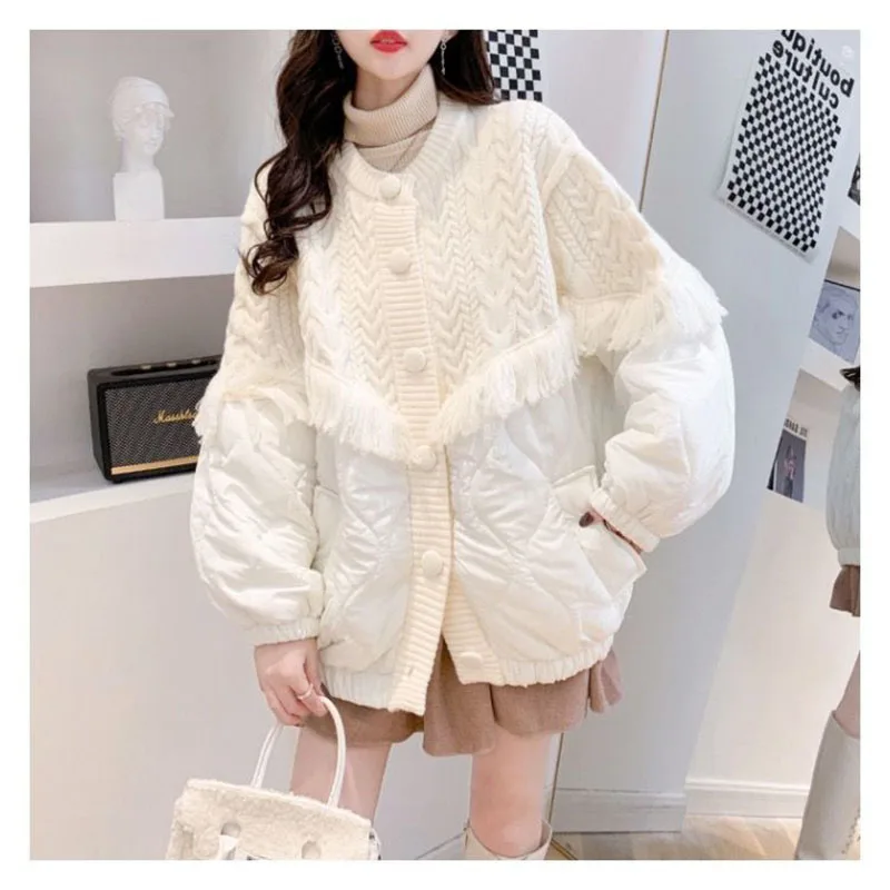 2024 New Fashion Tassel Spliced Knitted Cardigan Coat Women Autumn Winter Loose Lazy Style Sweater Jacket Female