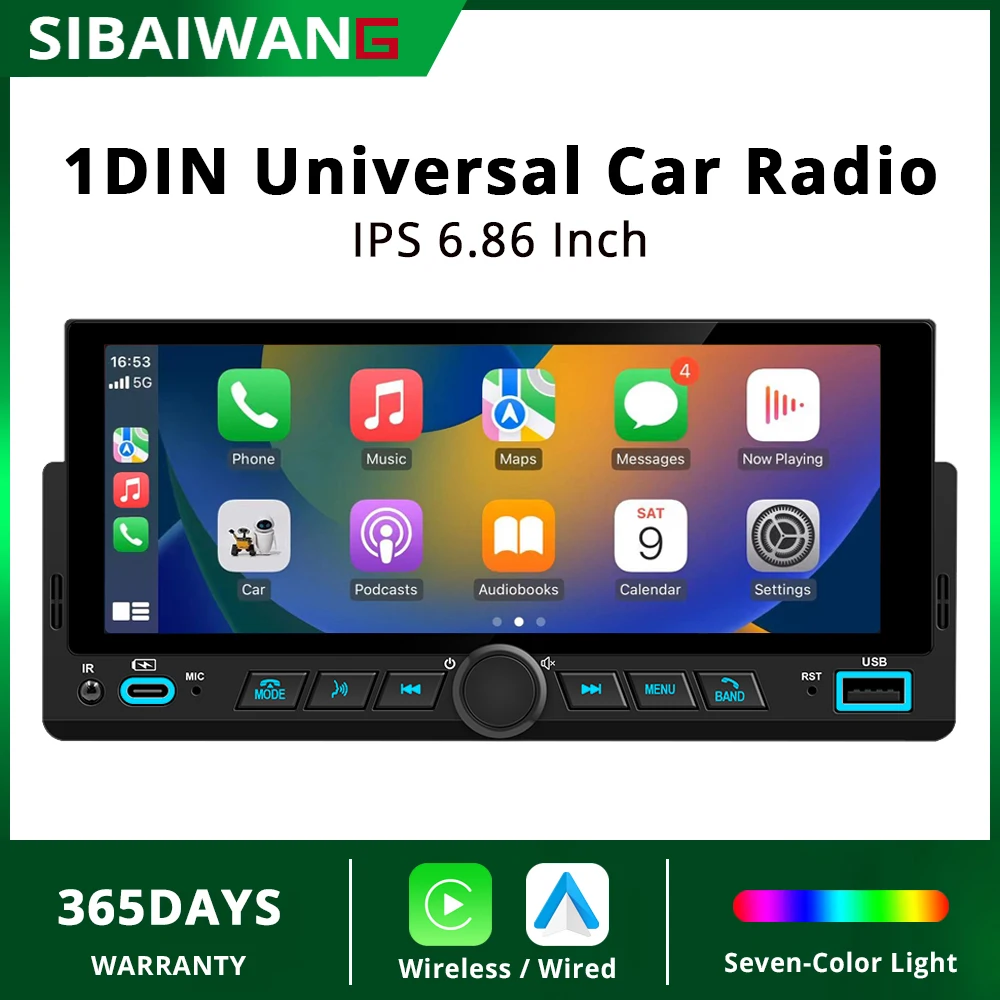 

6.86 Inch 1Din IPS Screen Car Radio MP5 Player Wireless CarPlay Android Auto FM RDS AM BT EQ Type-C Fast Charging Car Stereo