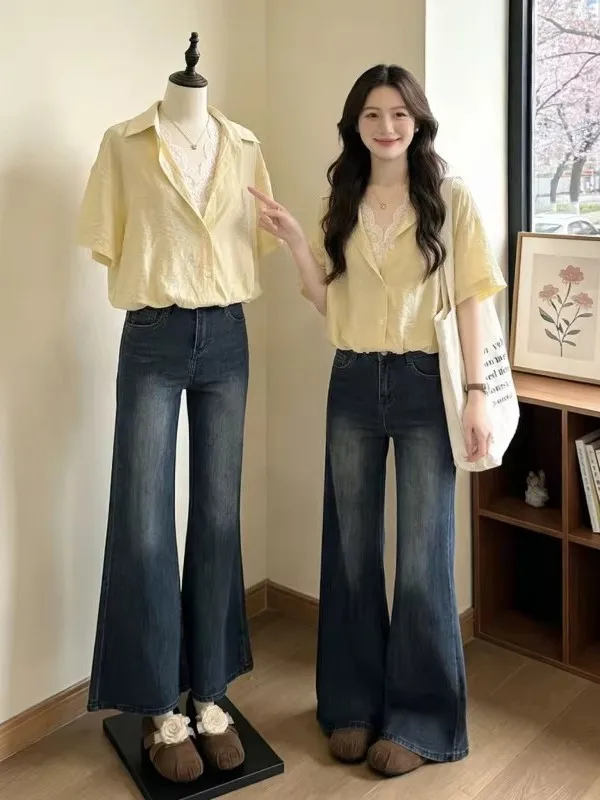 

Summer New plus Size Women's Shirt Yellow V-Neck Short Sleeve Irregular Hem Korean Style Commute Fashion Loose Fit Lace Fabric