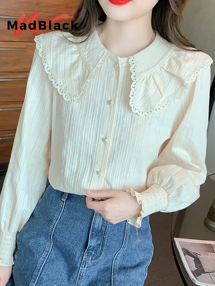 

MadBlack-женская европейская рубашка, сексуальная кружевная лоскутная блузка с воротником-поло, свободная блузка с рукавами-фонариками, весенняя новинка 2026 T5D668CC