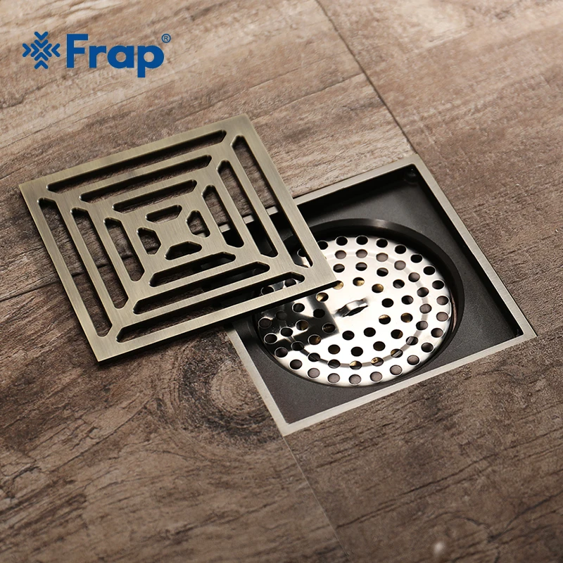 Frap Bathroom Accessories Antique Brass Floor Drain Square Striped/Carved Drain Embedded Debris-proof and Odor-proof Floor Drain