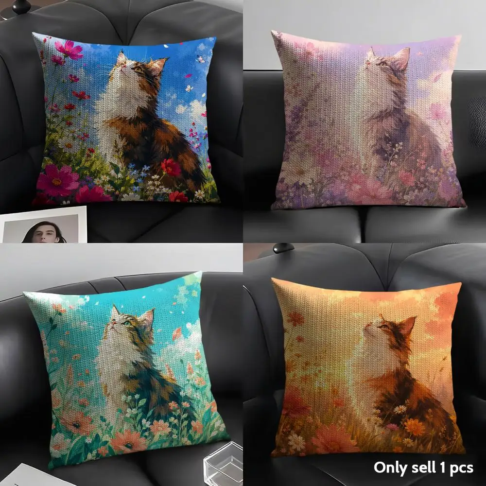 Oil Painting Style Anime Cat Cushion Cover Linen Organic Fabric Double-Sided Printing Sofa Breathable Home Decor Pillow Case