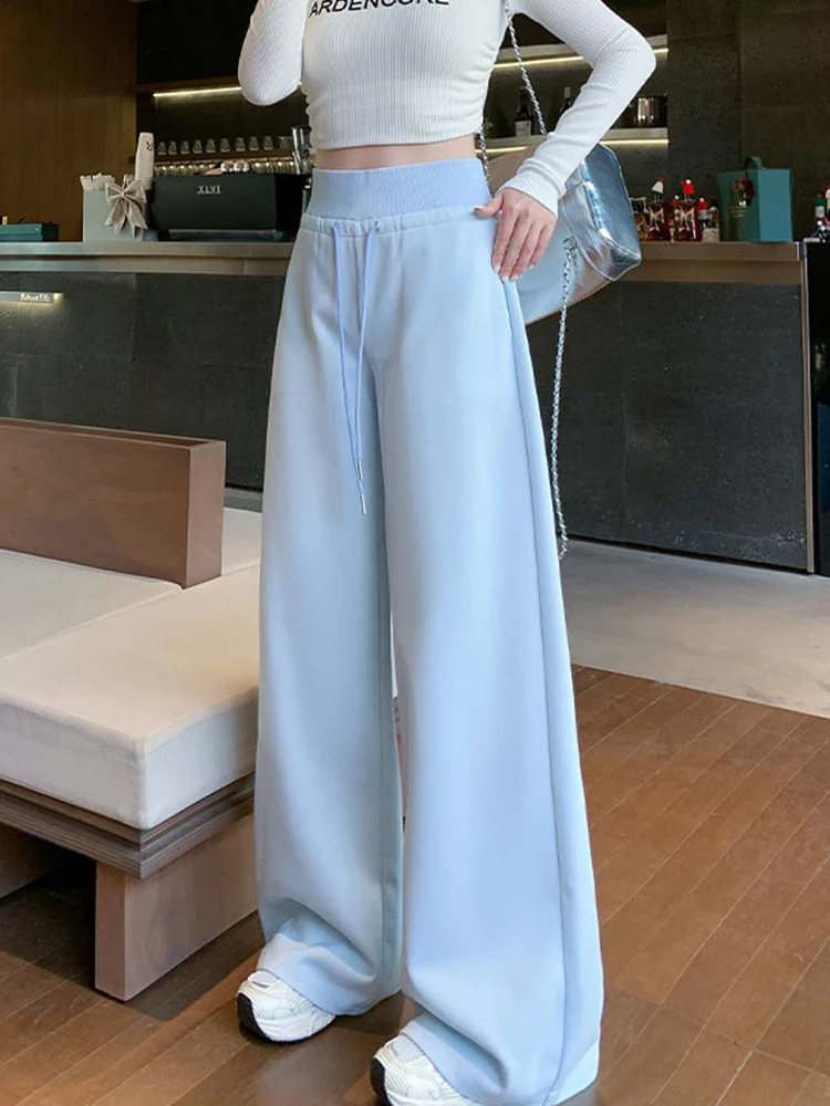 المرأة عادية فضفاض Sweatpants خمر الكورية عالية الخصر الدانتيل يصل بنطلون مستقيم خريف جديد أنثى بسيطة الصلبة بنطال ذو قصة أرجل واسعة