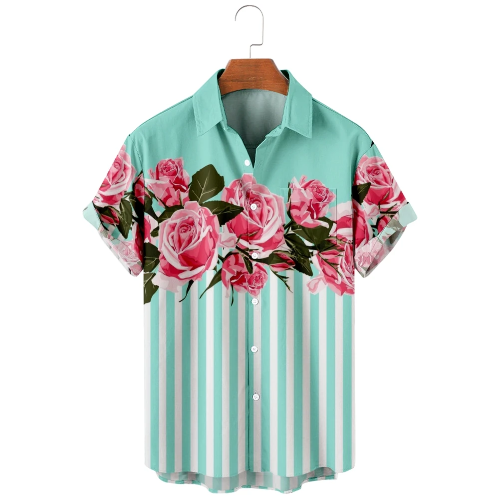 

2022 new men's casual breathable short sleeve top fashion Lapel men's shirt Hawaii with beach Romantic Rose No. 2