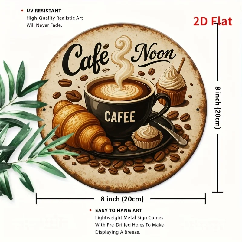 [مسطح 21D] قطعة واحدة من لافتة قصدير الألومنيوم مقاس 8 × 8 بوصة للمقهى - لوحة فنية جدارية مستديرة من الألومنيوم بتصميم كرواسون، متينة