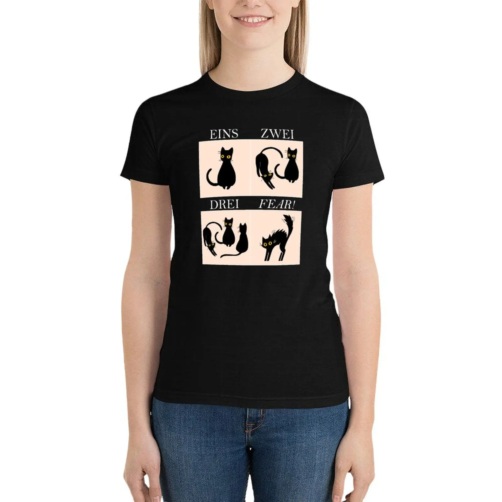 Aprendendo alemão medo t-shirt para mulheres, Eins, Zwei, Drei - Cat Fear, fundo escuro, camisetas gráficas, roupas fofas