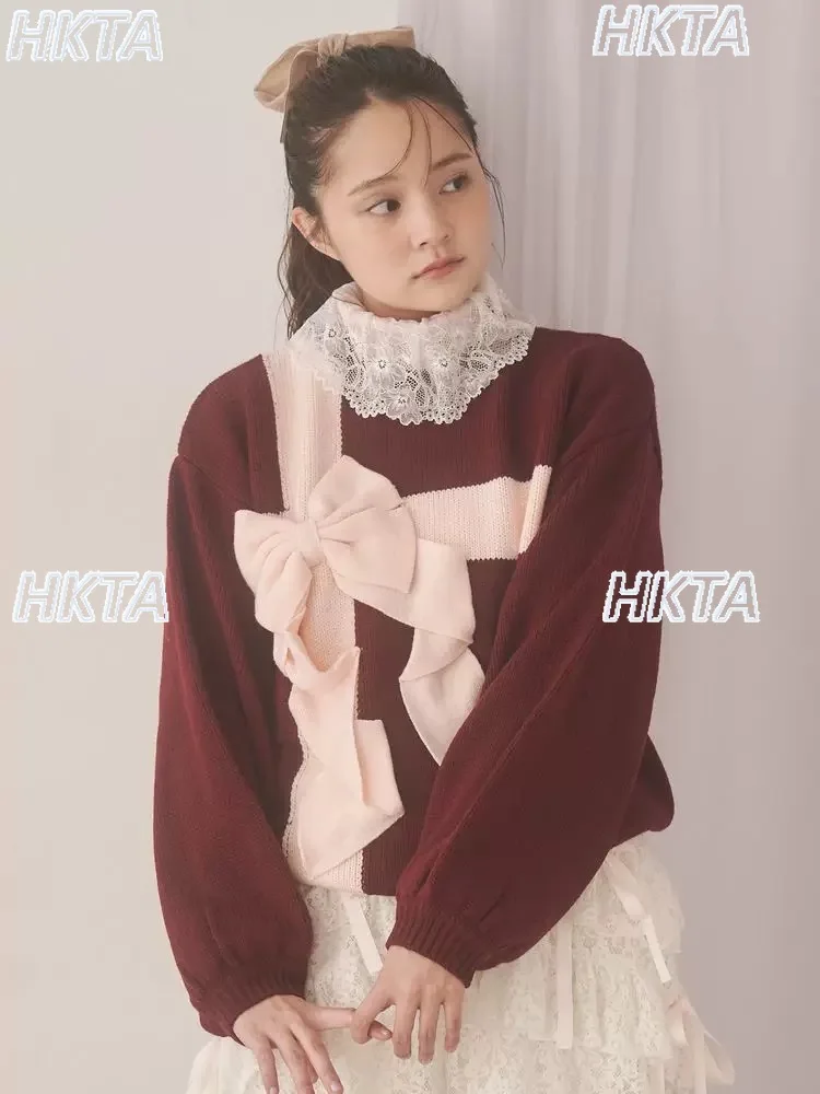 

Japanese Sweater Women Winter New Thickened Warm Long Sleeve Pullover Sweater Loose Casual Sweet Bow Color Block Knitted Jumper