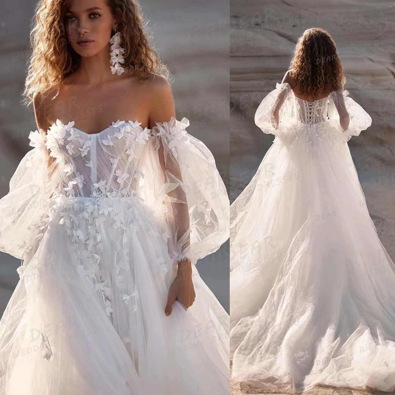 

Luxury Wedding Dresses Woman's A Line Sexy Appliques Off Shoulder Long Sleeve Bridal Gowns Lace-Up Backless Princess Vestidos