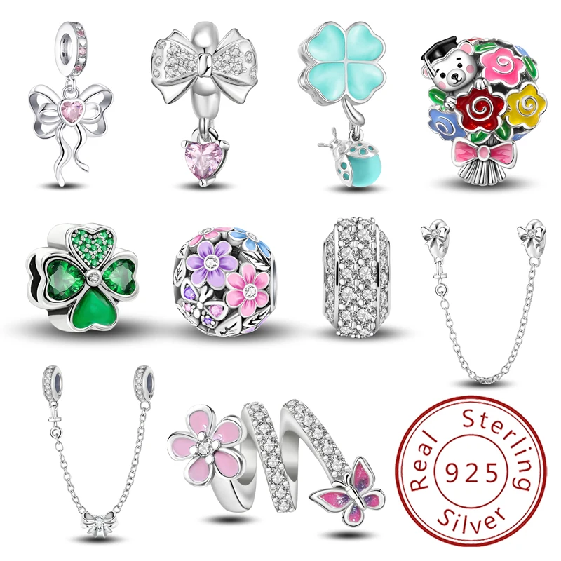 925er Sterlingsilber, Abschlussstrauß, Marienkäfer-Klee-Anhänger, Perle, DIY-Armband, Armreif, Geschenk für hochwertigen, edlen Schmuck