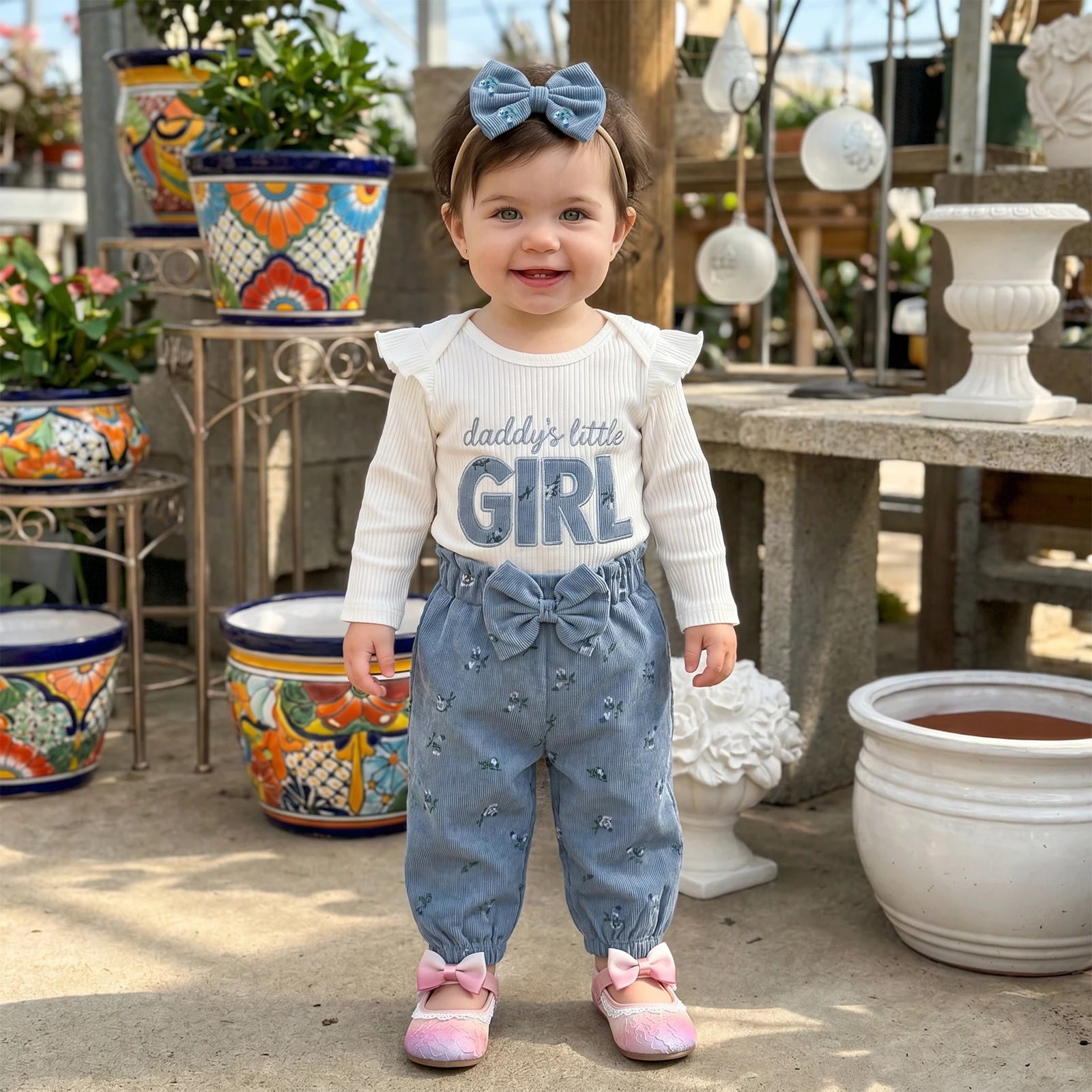 Sweet Ribbed Romper Floral Corduroy Pants and Bow Headband Warmer Baby's Sets 2027 Early Autumn Fashion Toddler Baby Girl Outfit