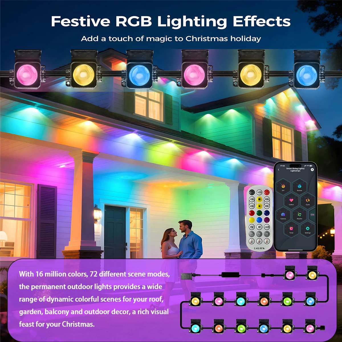 مصابيح LED دائمة للاستخدام الخارجي، 100 قدم 60 لمبة مقاومة للماء RGB، إضاءة حفلات مشهد عيد الميلاد DIY.