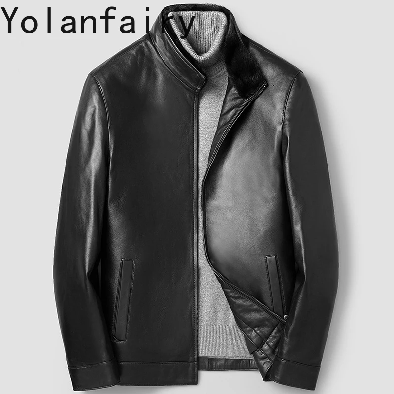 YOLANFAIRY Real Sheepskin Genuine Leather Jacket Men Winter Detachable Rabbit Fur Liner Coat Mink Fur Collar Warm Down Coats