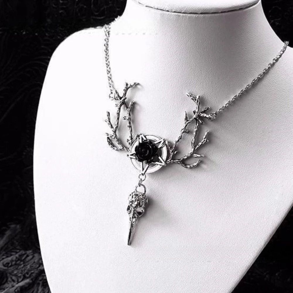 Gothic Exquisite Silver Color Tree Branch Rose Flower Bird-billed Skull Pentagram Pendant Necklace for Women Halloween Jewelry