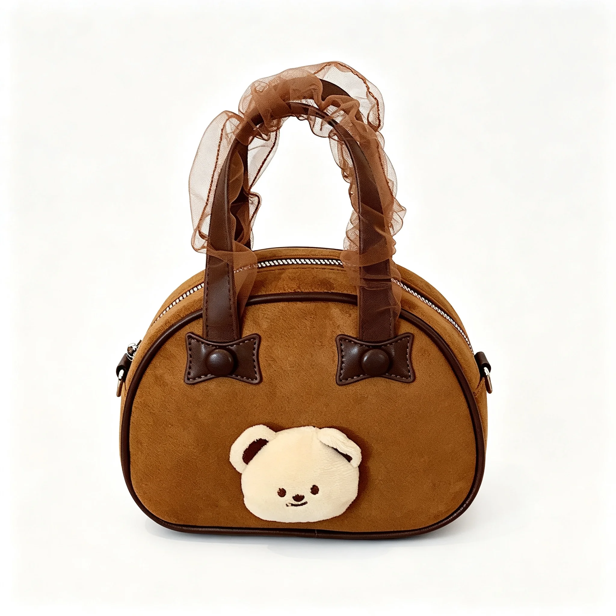 Khaki Pink Kawaii Plush Bear Brown Suede Shell Handbag Korean Soft Tulle Top Handle Crossbody Shoulder Bag PU Leather For Girls