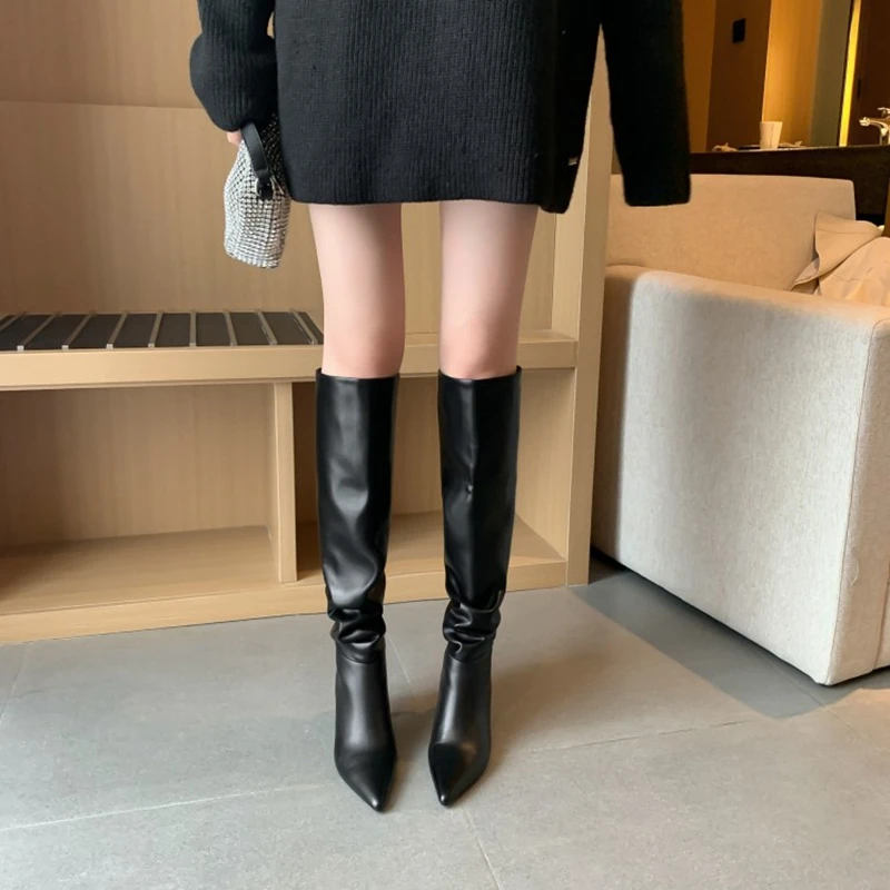 NEW Fall Shoes Women Pointed Toe Stiletto Leather Boots for Women INS Fashion Sexy Knee-high Boots Solid Pleated High Heel Boots