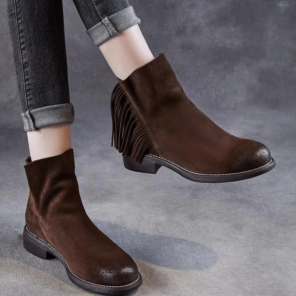 

Fashionable Short Boots Women's Fringe Rough Leather Boots Comfortable Thick Heel Low Tubular Autumn Winter Boots for Women