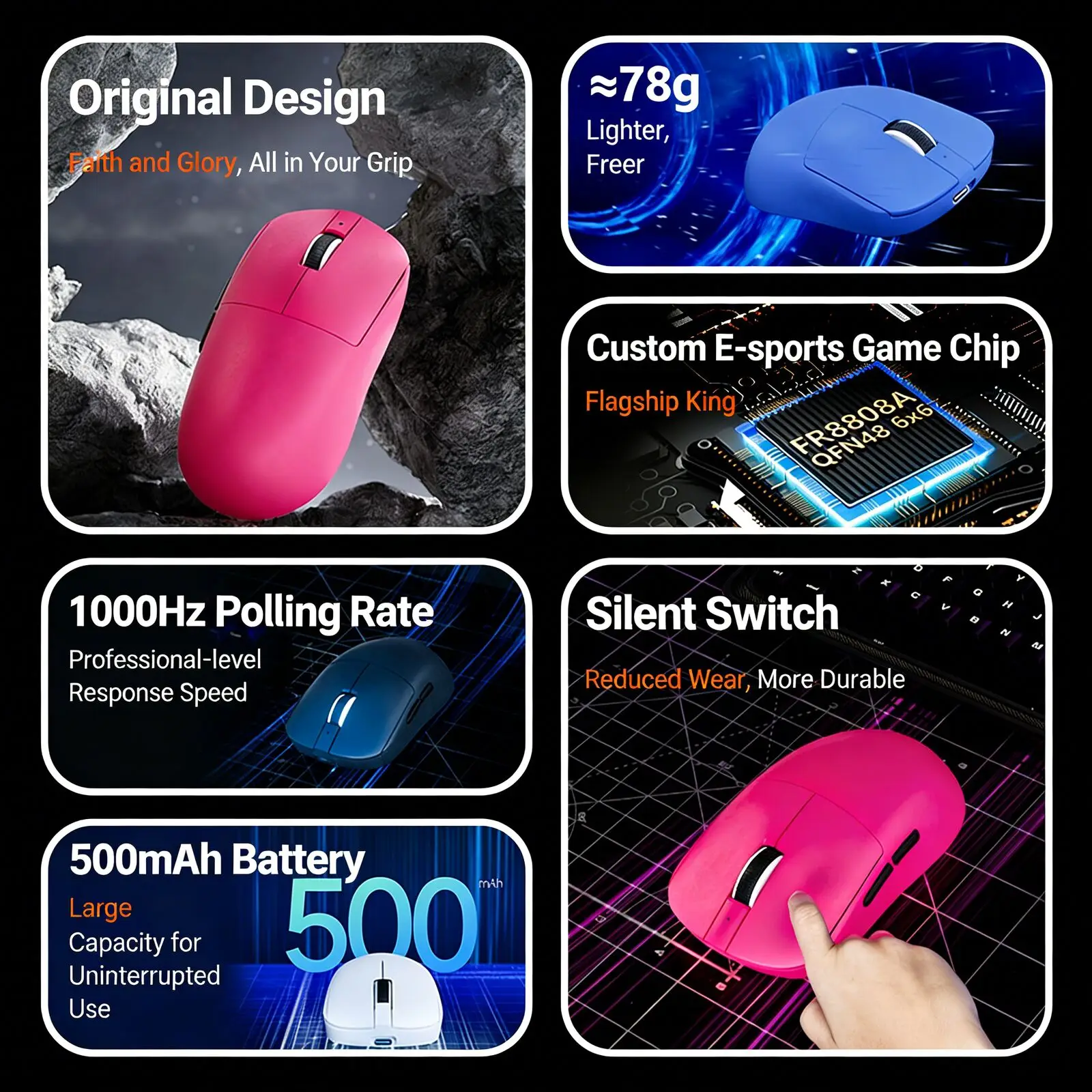 Tri Mode Bluetooth 5.2 Mouse 2.4G Wireless Charging Macro Programming 6400 DPI 1000hz 60IPS Ergonomic 78g Lightweight Gamer Mice