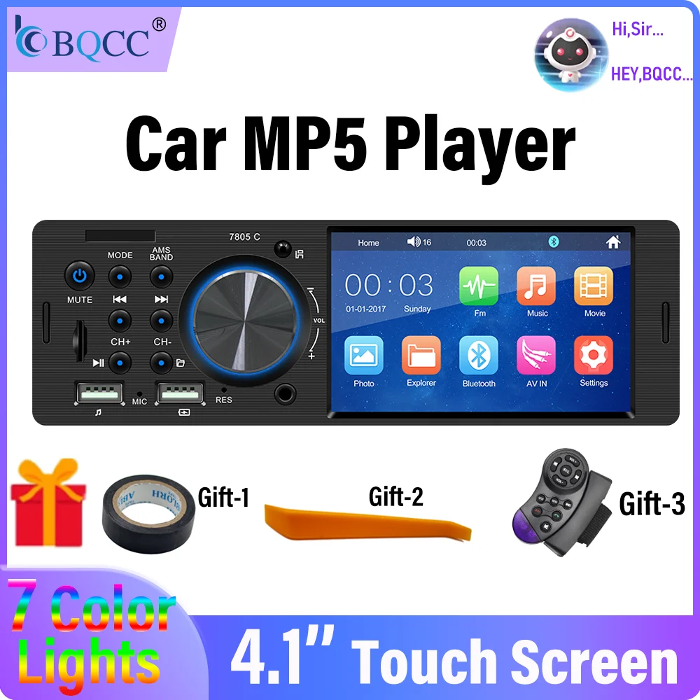 

BQCC Universal 1Din 4.1" IPS Touch Screen Car MP5 Player Colorful Button Lights Dual USB BT FM Radio Multimedia Smart Car Stereo