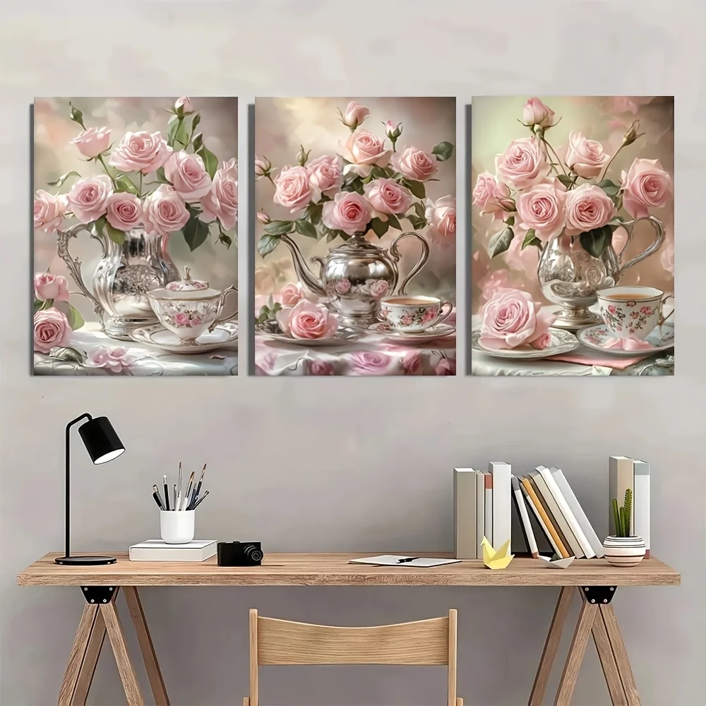 2D Flat, 2D Flat, 3pcs Set, 2D Flat Canvas Painting - Frameless, Pink Rose in Silvery Teapot, Artist Painting Set, Living Roo
