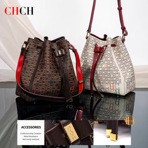CHCH Bolso de mano para mujer 2024 Nuevo bolso tipo cubo con cordón Cartera con estampado de letras color café
