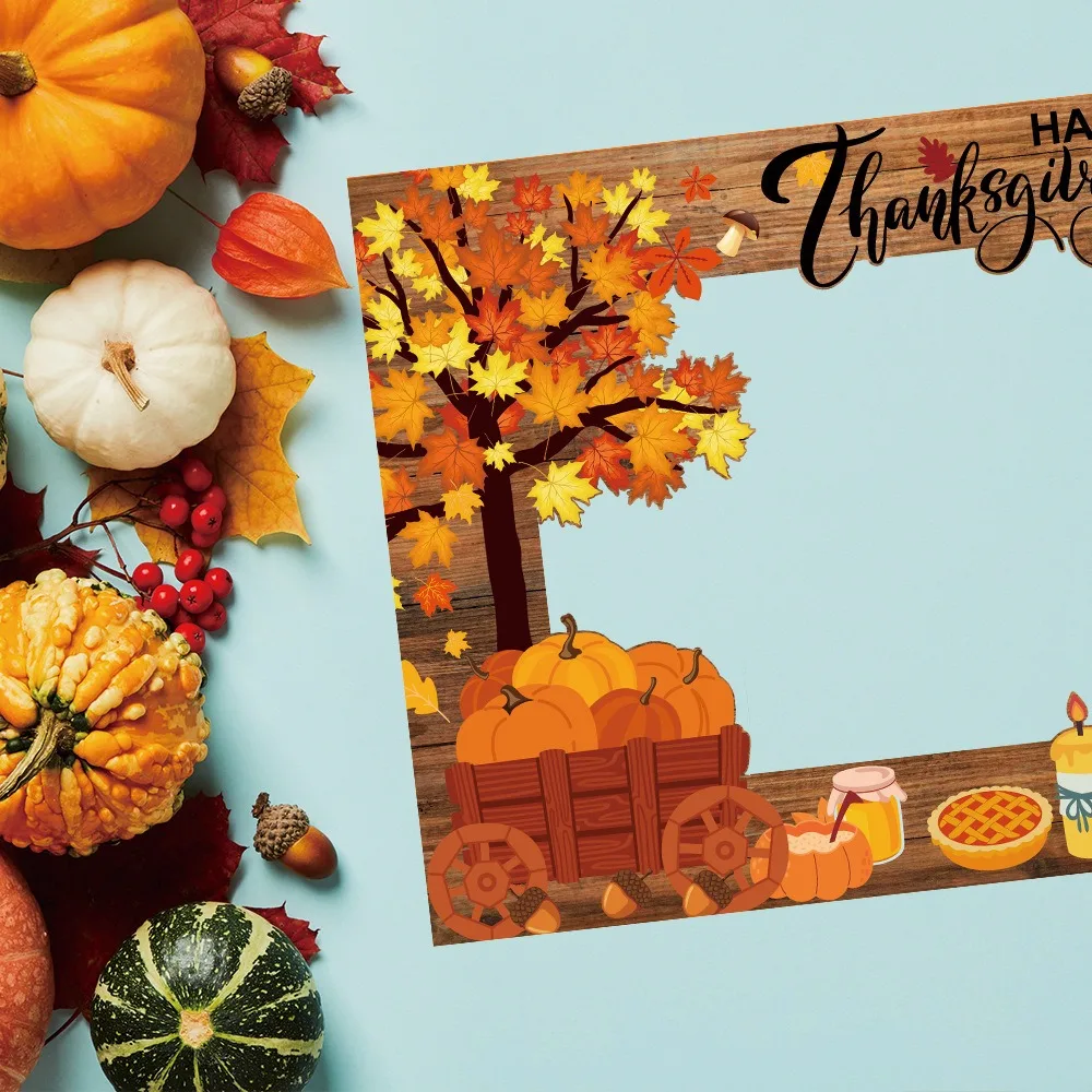 

21pcs Cartoon Thanksgiving Photobooth Prop Glasses Pumpkin Turkey Party Paper Frame Colorful Autumn Leaves Handheld Frame Prop
