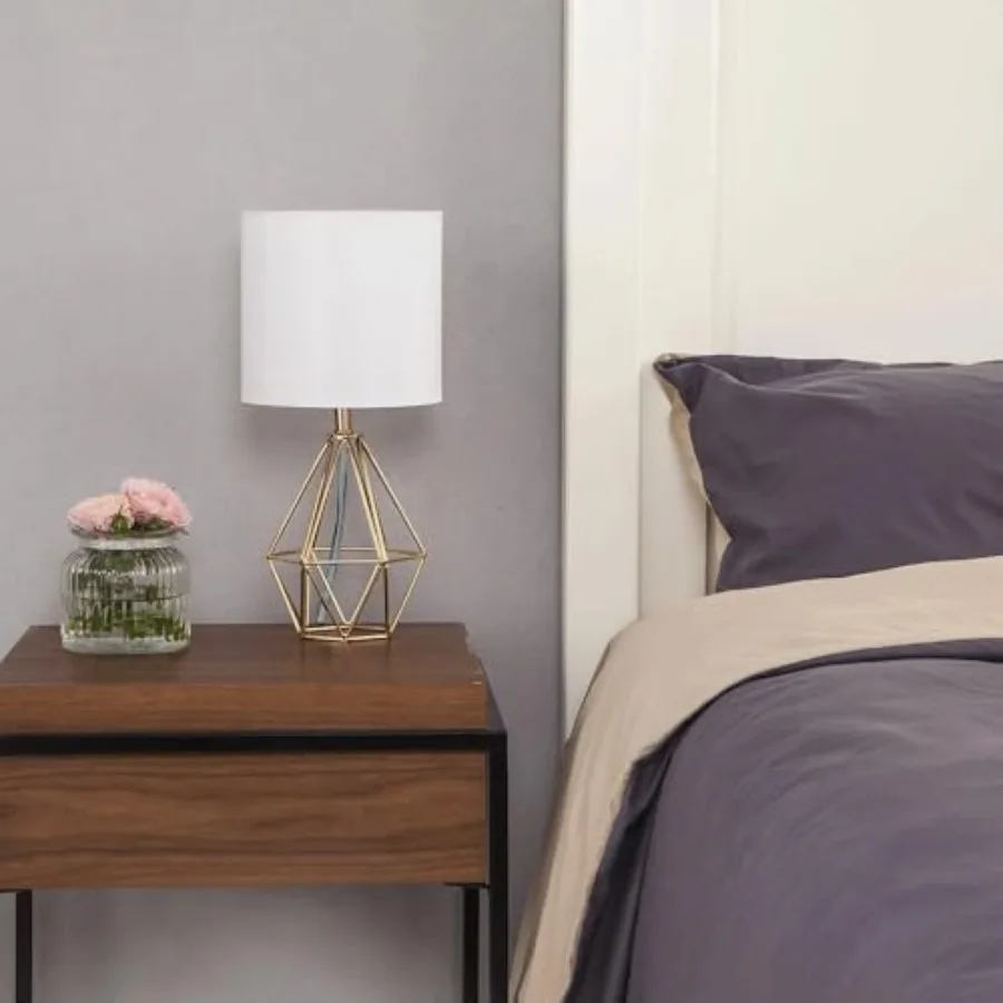 Modern Hollow Out Base Bedroom Small Table Lamp, Bedside Nightstand Lamp with Geometric Metal Base White Fabric Shade, Cute Des view 5