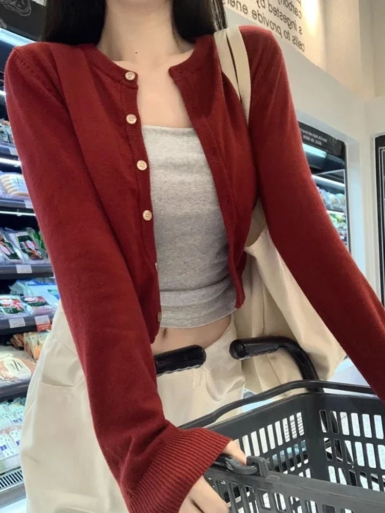 

Модный вязаный кардиган с длинным рукавом и круглым вырезом, осенний женский элегантный облегающий однотонный топ, тонкий повседневный простой короткий пальто