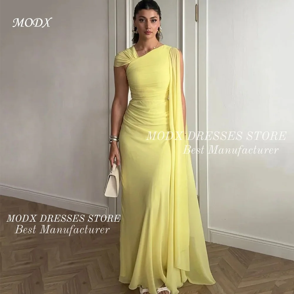 

MODX Simple Yellow One Cape Sleeve Arabic Evening Dresses Customized Straight Women Party Dress Formal Celebrity Gowns Quinceane