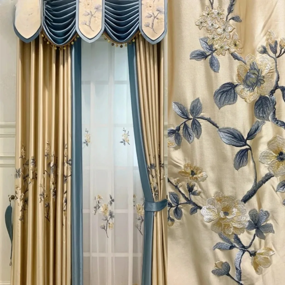 New Chinese Style Gold and Blue Embroidered Window Tulle Curtains for Living Room Bedroom Splicing Thickened Curtains Customized