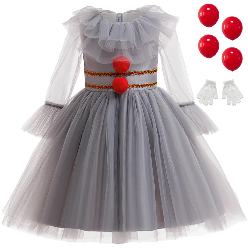 Girl Horror Joker Costume Creepy Clown Long Sleeve Mesh Puffy Dress For Children Halloween Ghost Dress Up Themed Party Outfits
