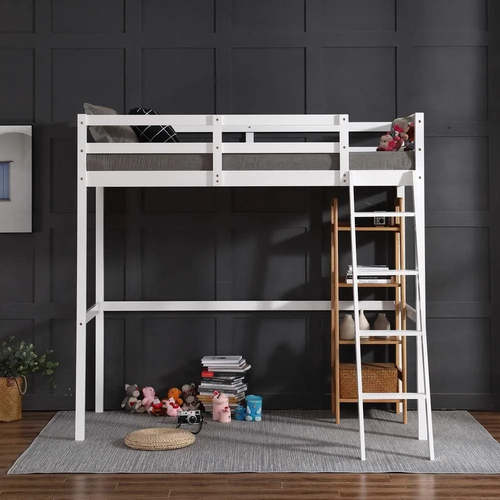 Loft Bed Twin Size, Low Loft Bed with Slide and Ladder, Solid Pine Wood Bed Frame,14" Safety Guardrail, Anti-Slip Steps