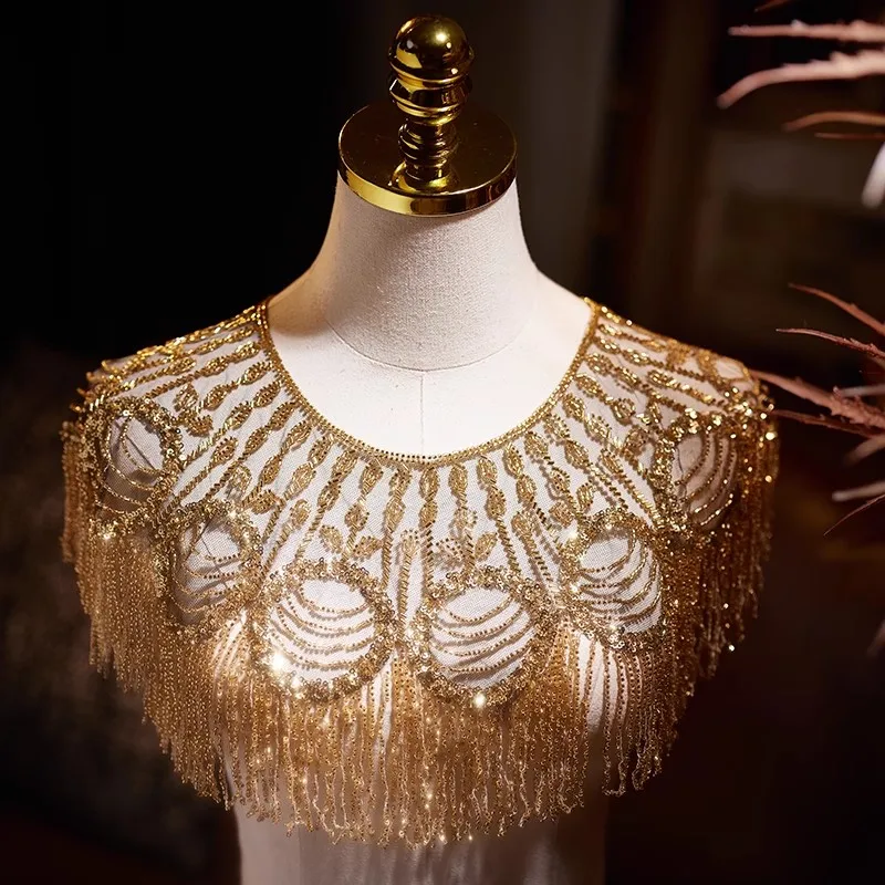 

Women's Shiny Gold Beaded Luxury Mesh Tassel Pashmina Female Spring Autumn Vintage Shawl Cloak Collar R2641
